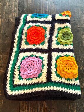 Handmade Crochet Afghan Blanket With 3D Floral Squares Multicolor Design Large T